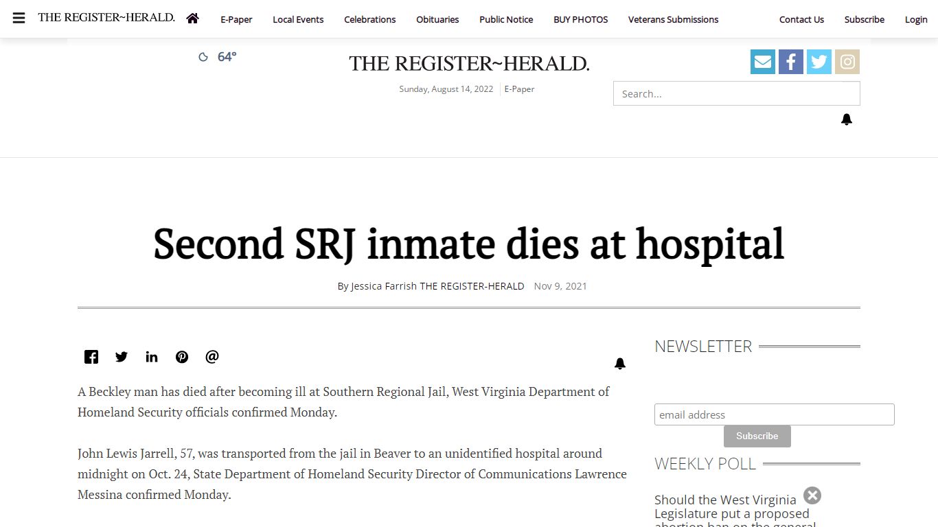 Second SRJ inmate dies at hospital | News | register ...